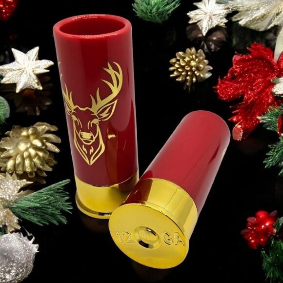 Gift Box Set 12 Gauge Shotgun Shell Red Shot Glasses Gold Deer Novelty Barware - Picture 3 of 13